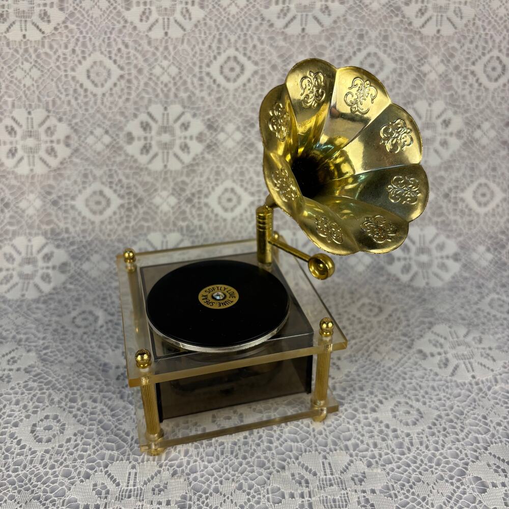 Mini Gramophone Music Box Lucite Gold Phonograph “Speak Softly Love"